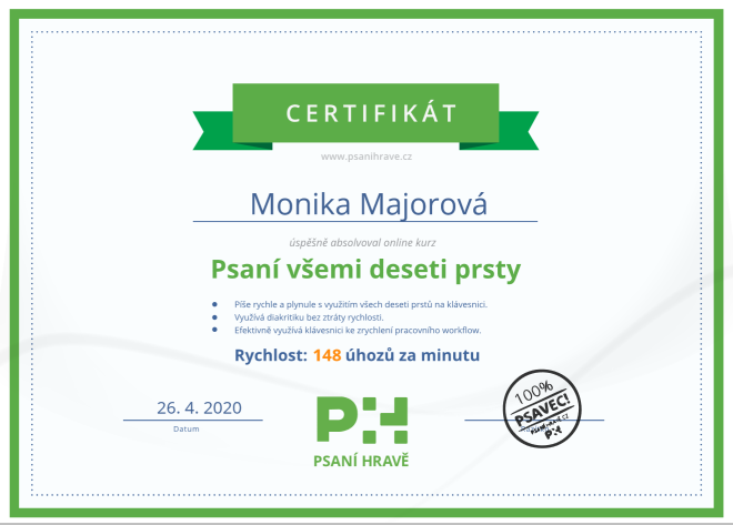 Psaní hravě - certifikát